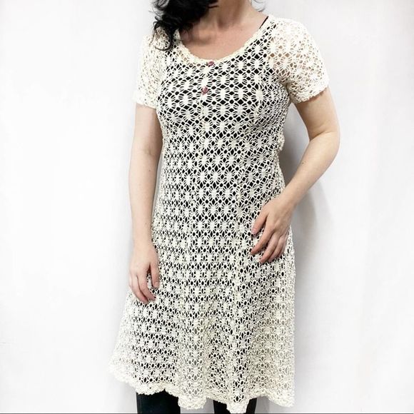Vintage 90s Crocheted Short Sleeve Rosette Midi Dress